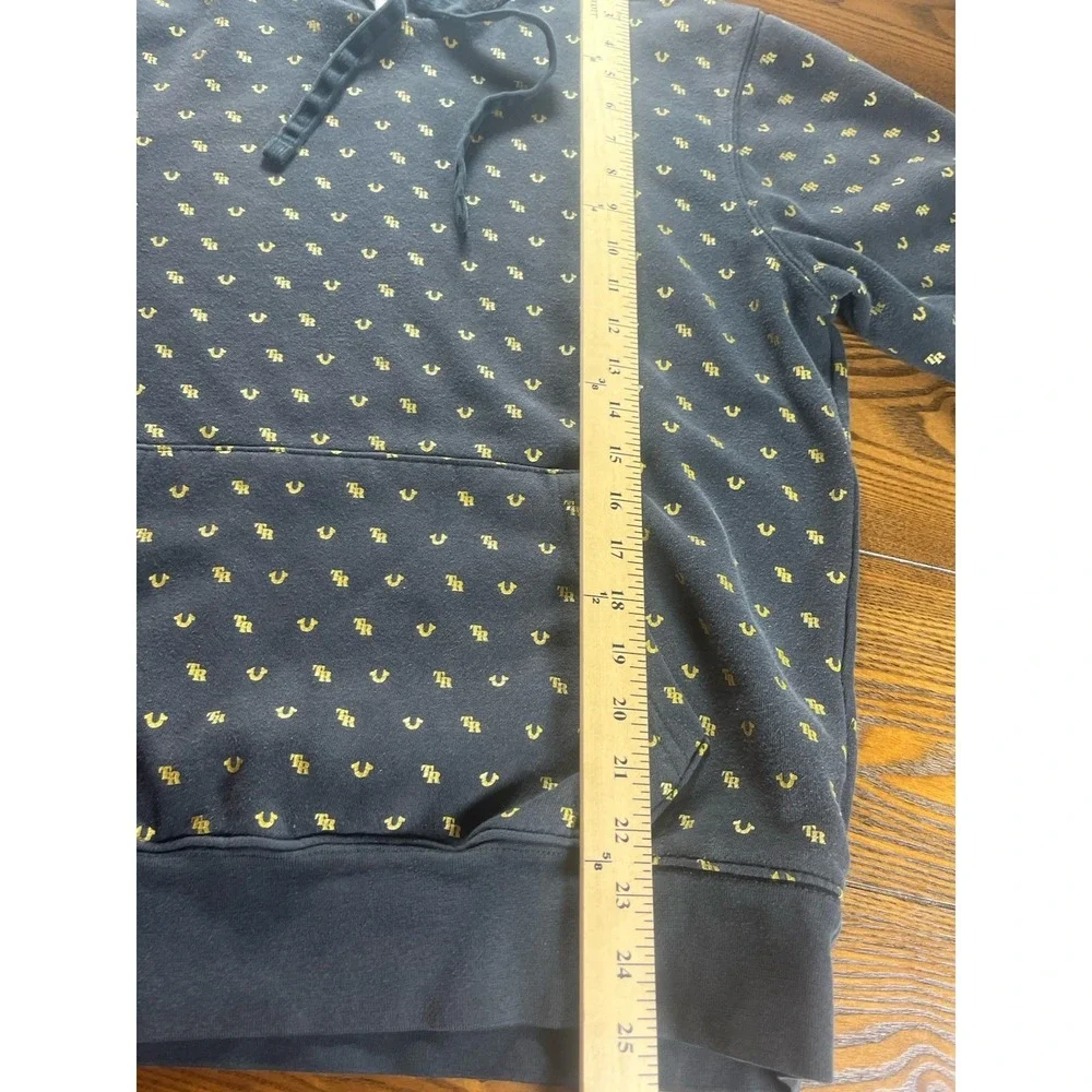Y2K Style True Religion All Over Print Horseshoe Logo Hoodie Black Gold Medium